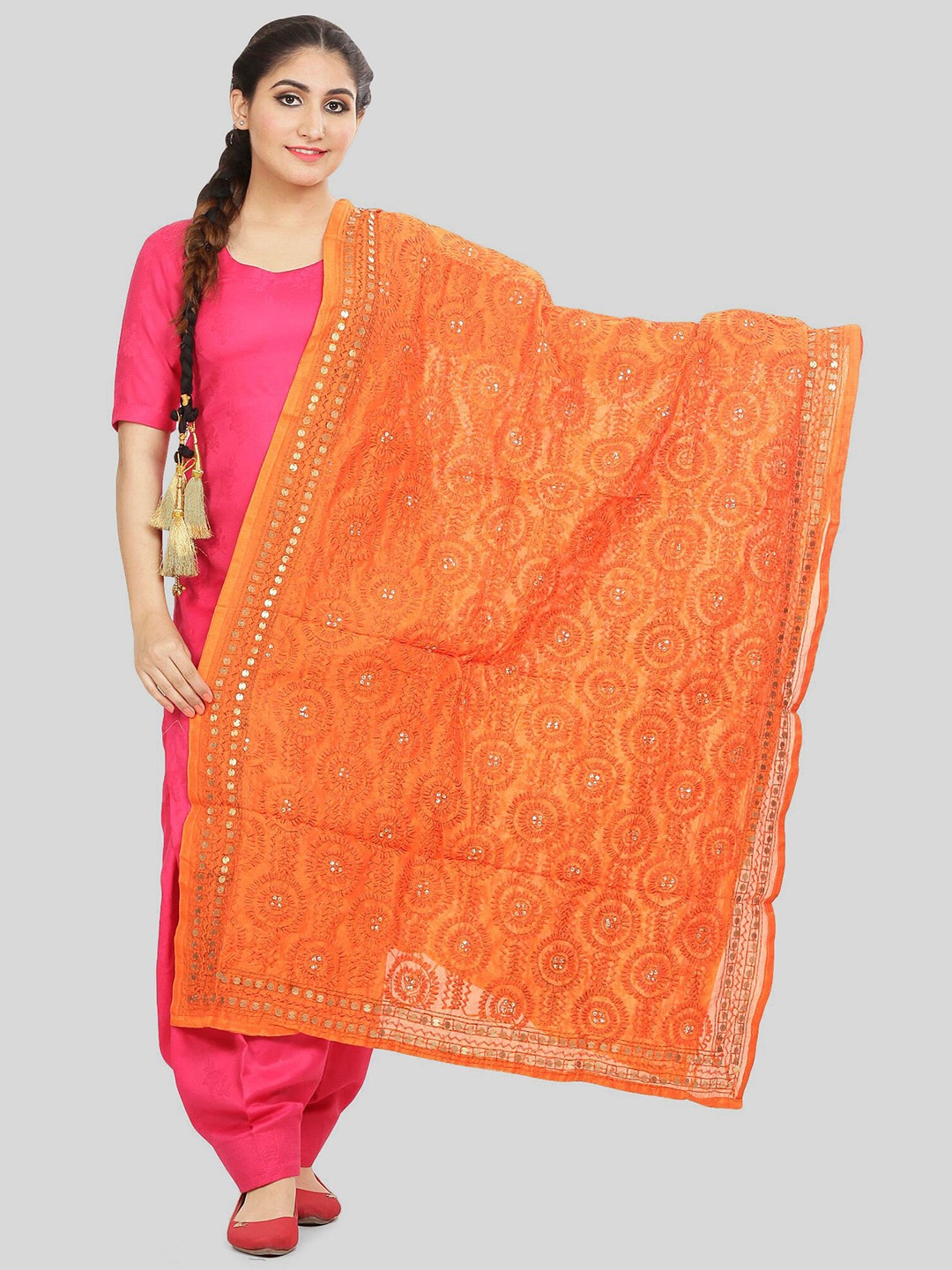 

KALINI Ethnic Motifs Embroidered Dupatta with Thread Work, Orange
