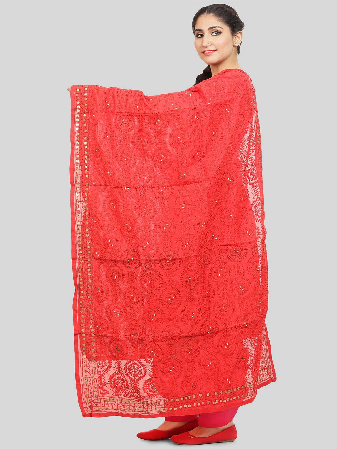 

KALINI Embroidered Dupatta with Thread Work, Red