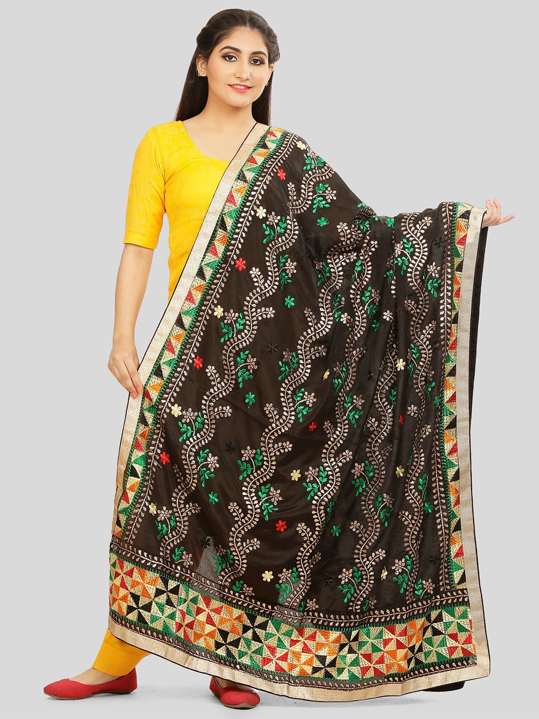 

KALINI Embroidered Dupatta with Phulkari, Black