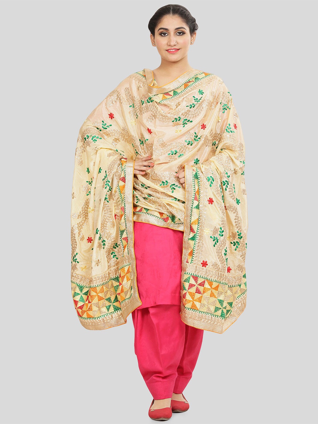 

KALINI Embroidered Dupatta with Phulkari, White