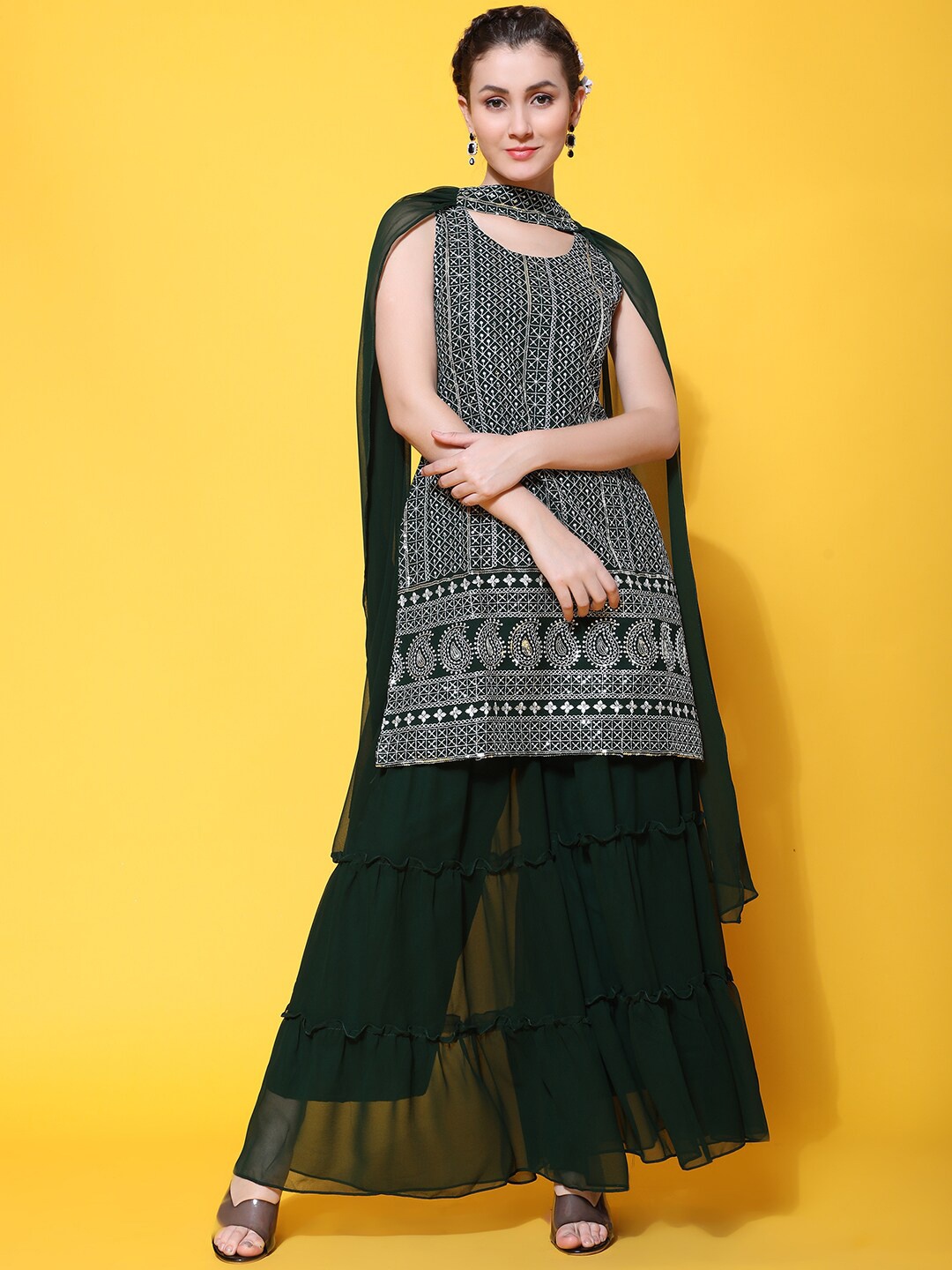 

KALINI Ethnic Motifs Embroidered Sequinned Kurta with Sharara & With Dupatta, Green