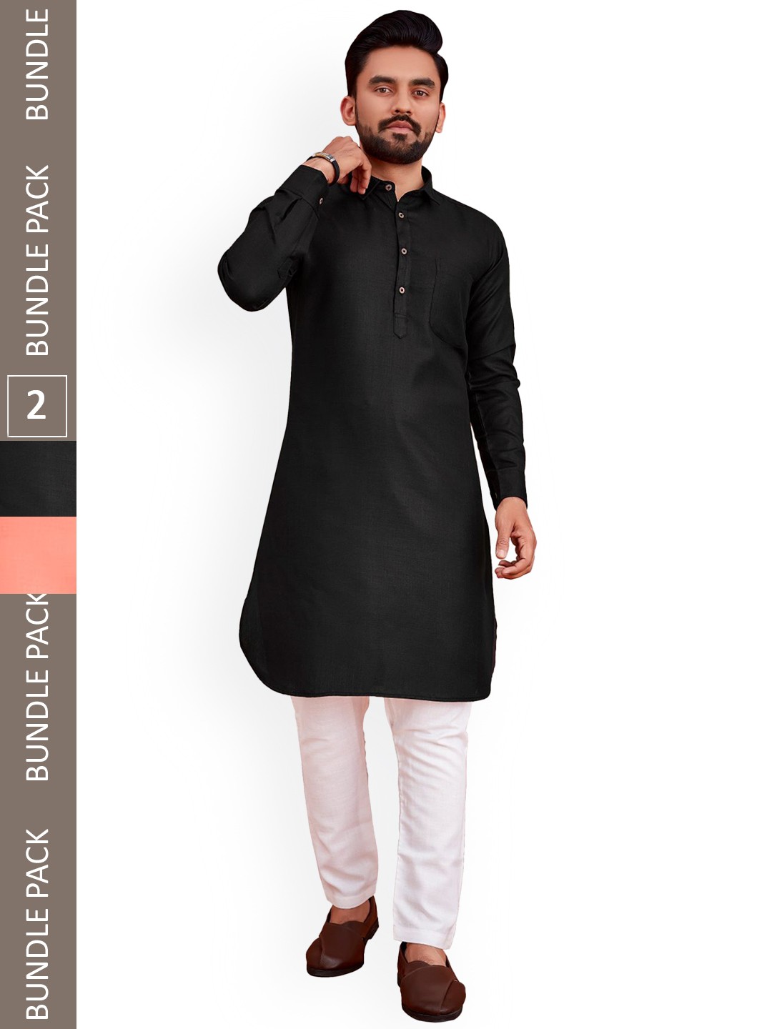 

allan peter Pack Of 2 Band Collar Curved Cotton Kurtas, Black