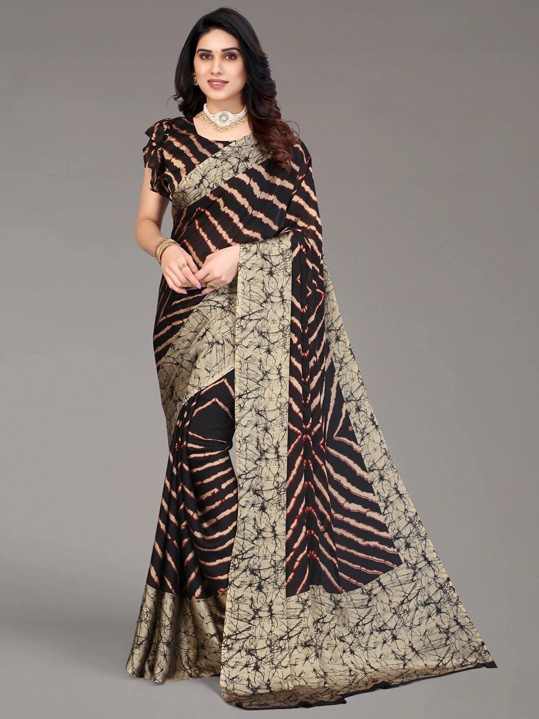 

KALINI Striped Poly Chiffon Saree, Black
