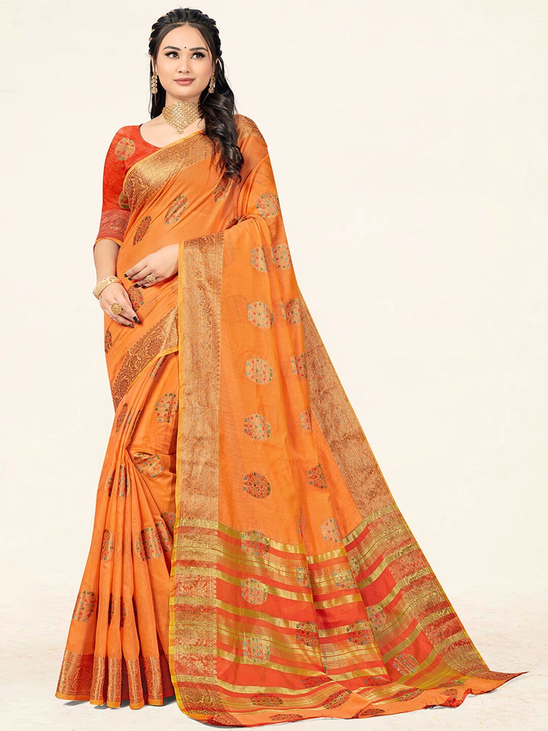 

SANGAM PRINTS Floral Woven Design Zari Saree, Peach