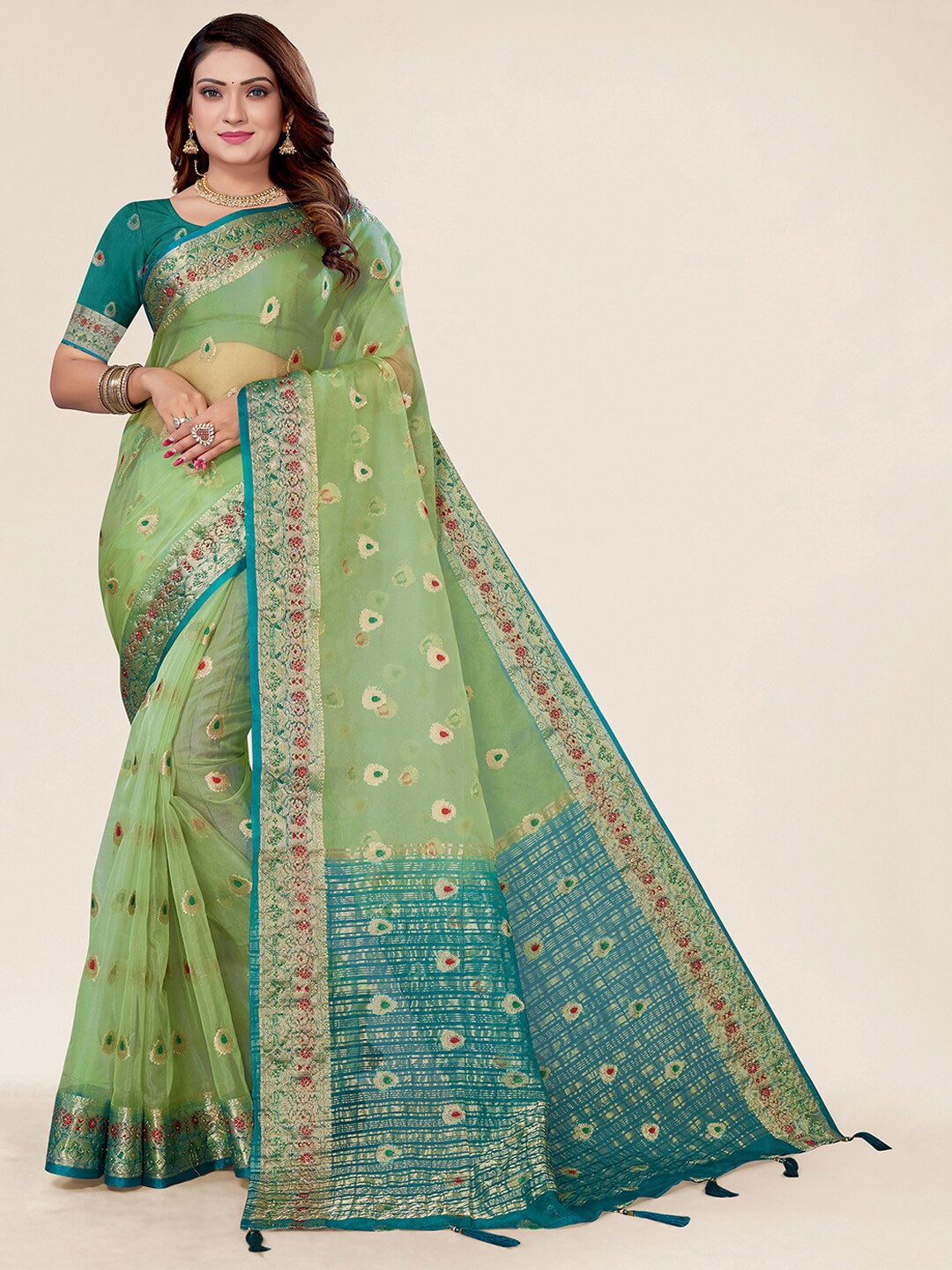 

SANGAM PRINTS Ethnic Woven Design Zari Organza Saree, Green