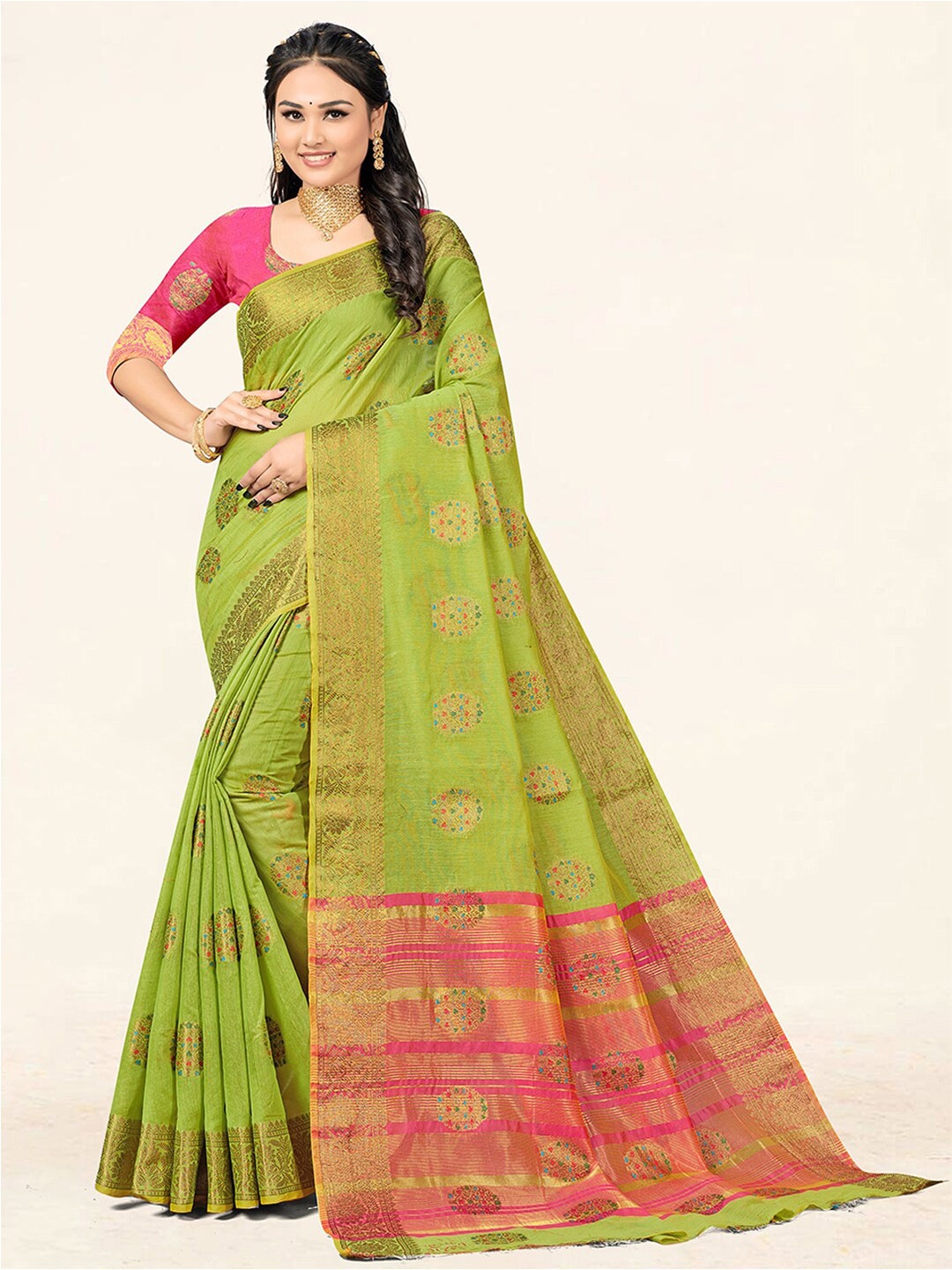 

SANGAM PRINTS Woven Design Zari Saree, Green