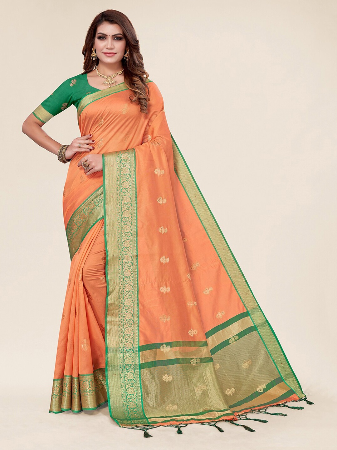 

SANGAM PRINTS Ethnic Woven Design Zari Organza Saree, Peach