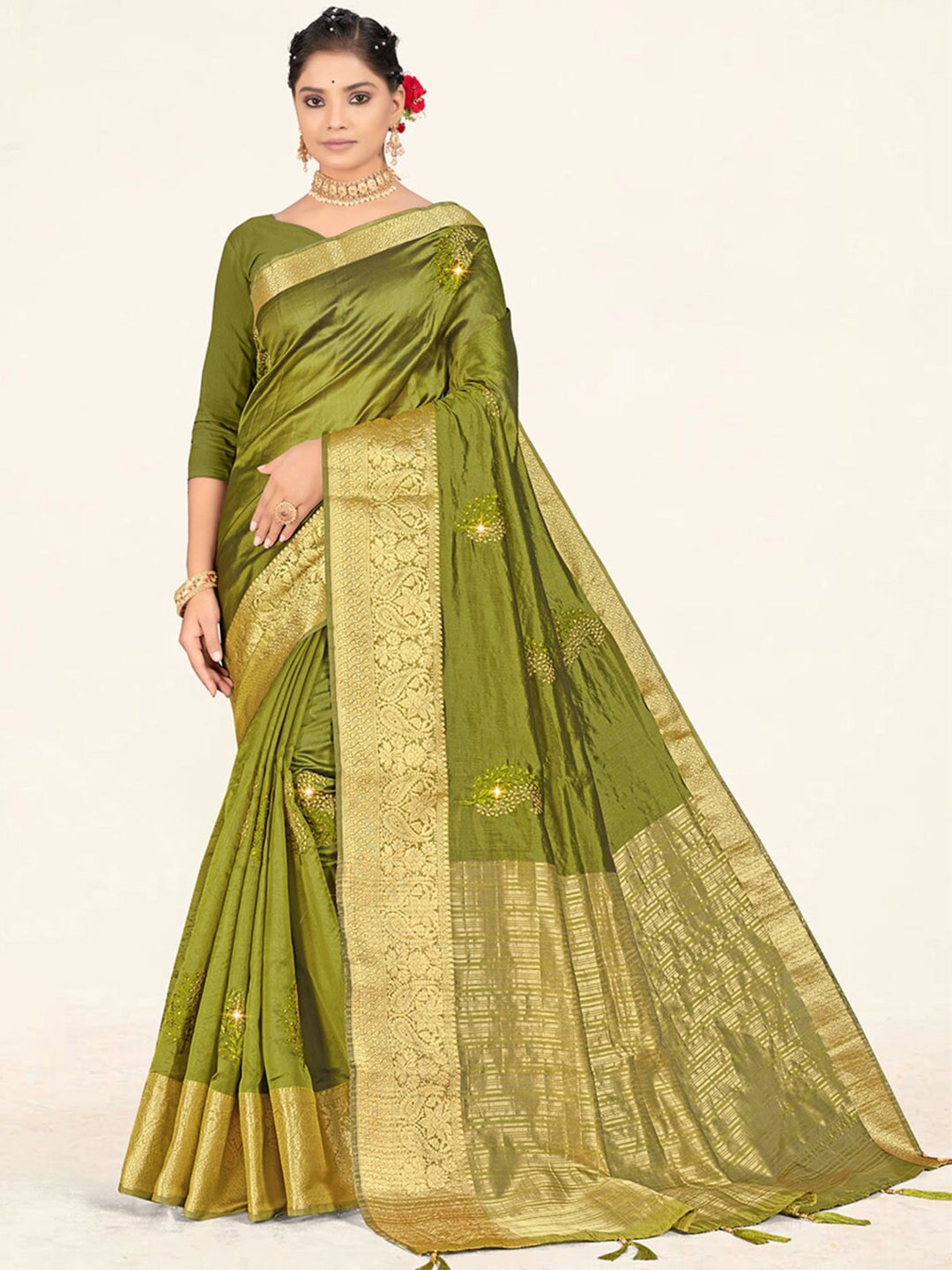 

SANGAM PRINTS Ethnic Woven Design Zari Organza Saree, Green