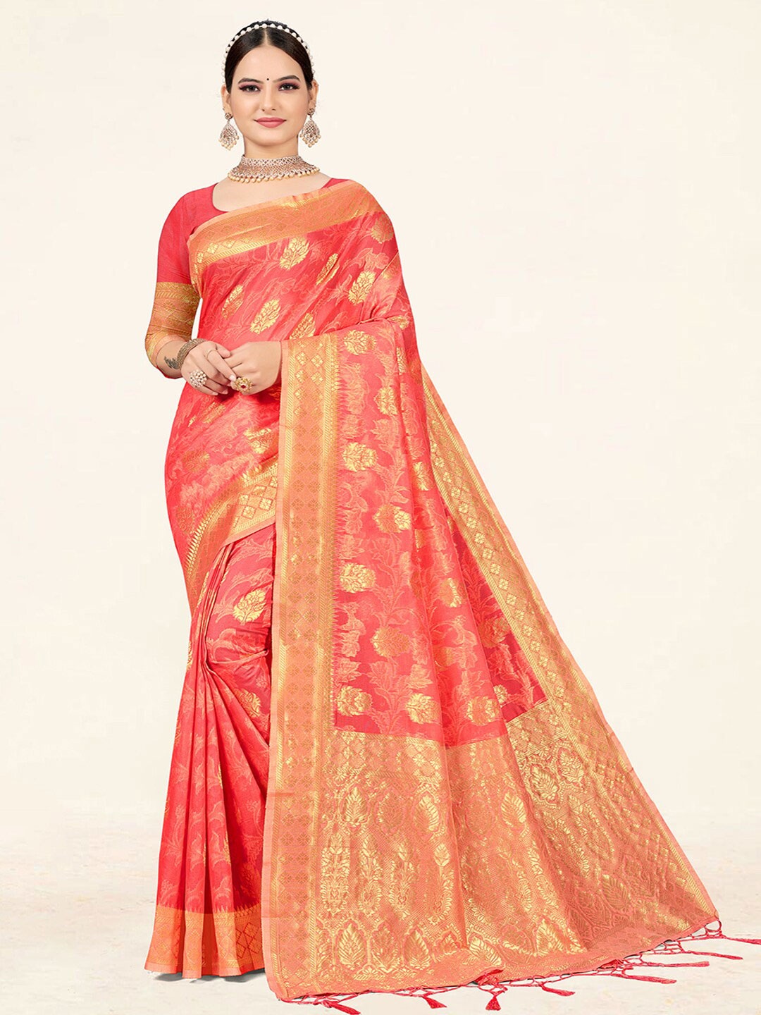 

SANGAM PRINTS Pink & Gold-Toned Woven Design Zari Saree, Peach