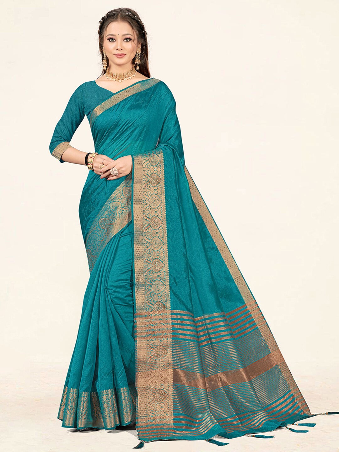 

SANGAM PRINTS Woven Design Zari Organza Saree, Sea green