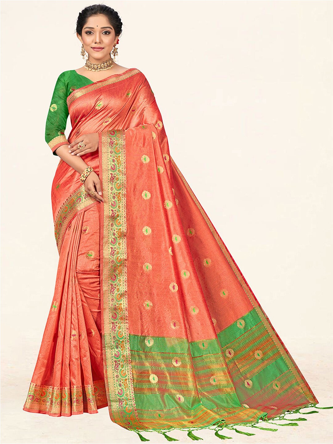 

SANGAM PRINTS Ethnic Motif Woven Design Zari Saree, Peach