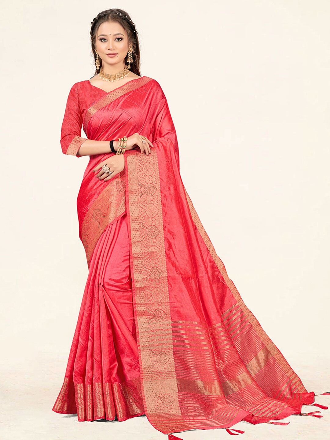 

SANGAM PRINTS Woven Design Zari Organza Saree, Pink