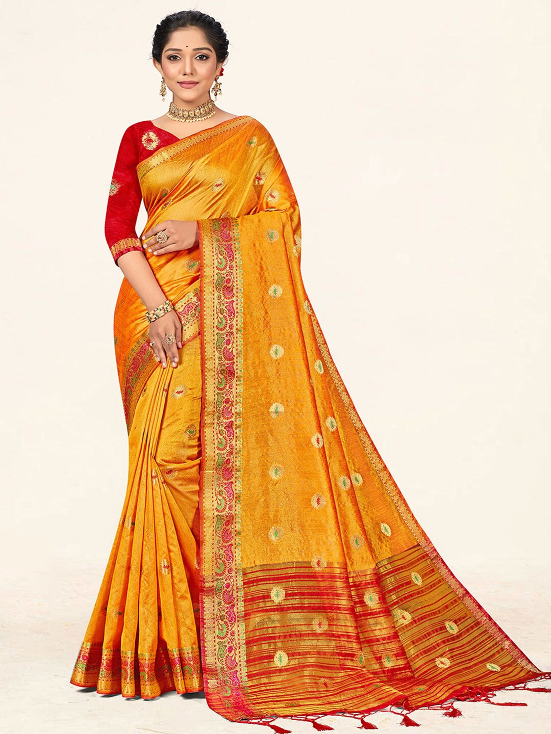 

SANGAM PRINTS Ethnic Motif Woven Design Zari Saree, Yellow