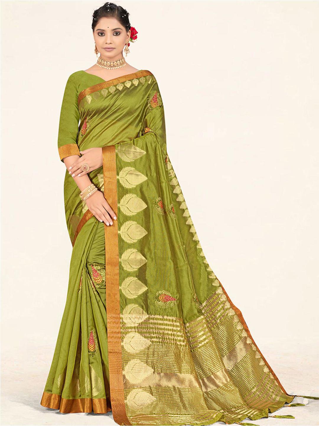 

SANGAM PRINTS Ethnic Motif Woven Design Zari Organza Saree, Green