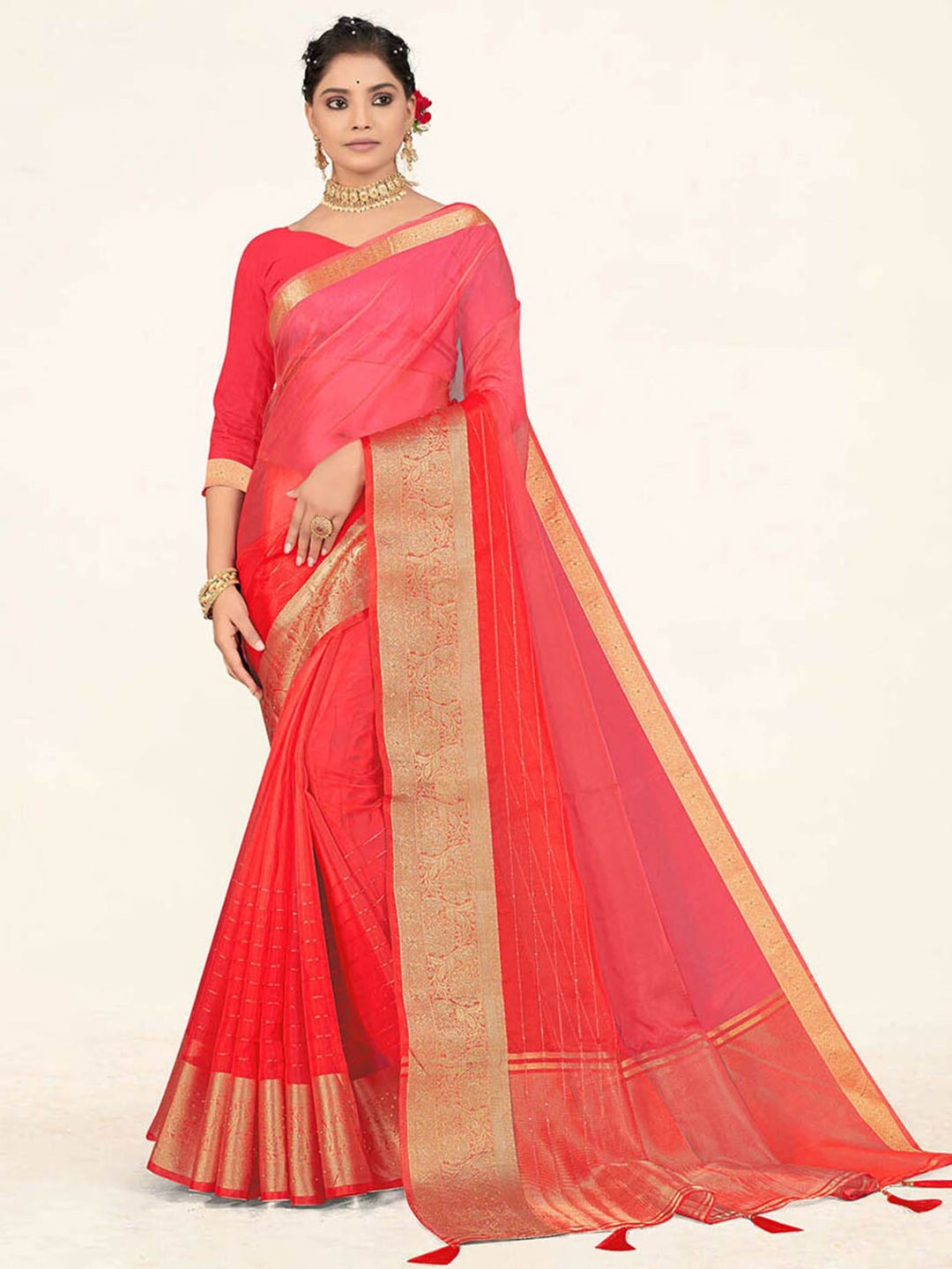 

SANGAM PRINTS Striped Sequined Organza Saree, Red