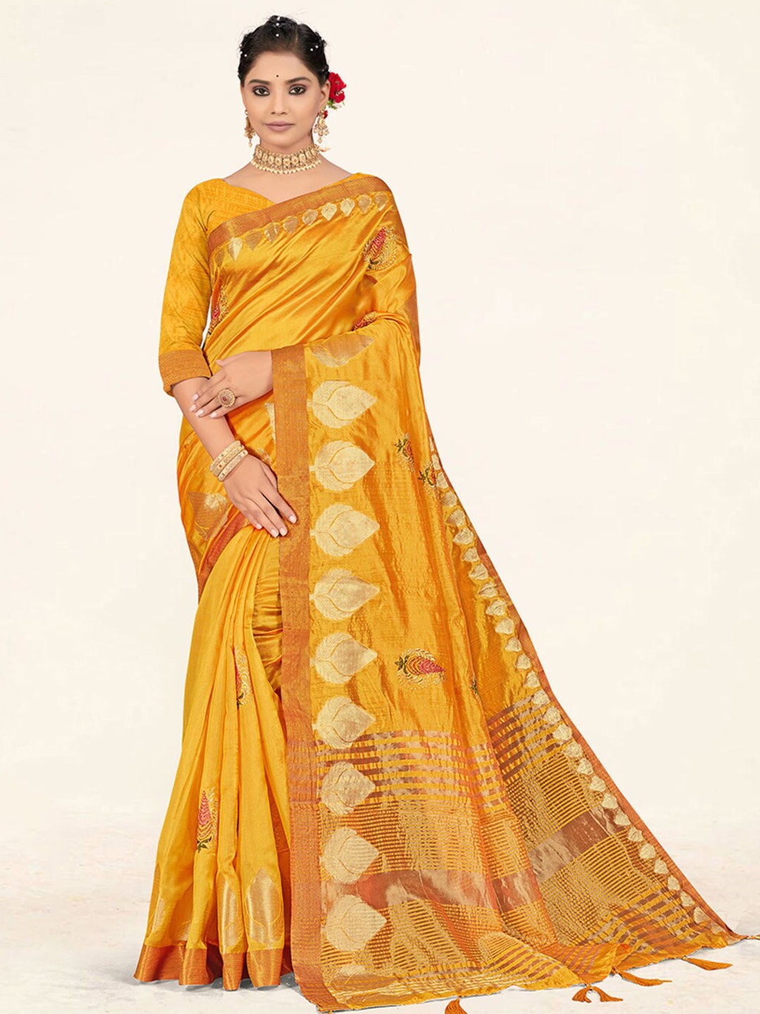 

SANGAM PRINTS Ethnic Motif Woven Design Zari Organza Saree, Yellow