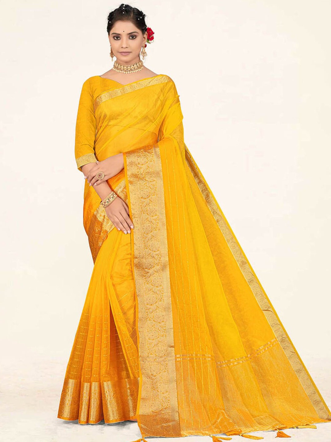 

SANGAM PRINTS Striped Sequined Organza Saree, Yellow