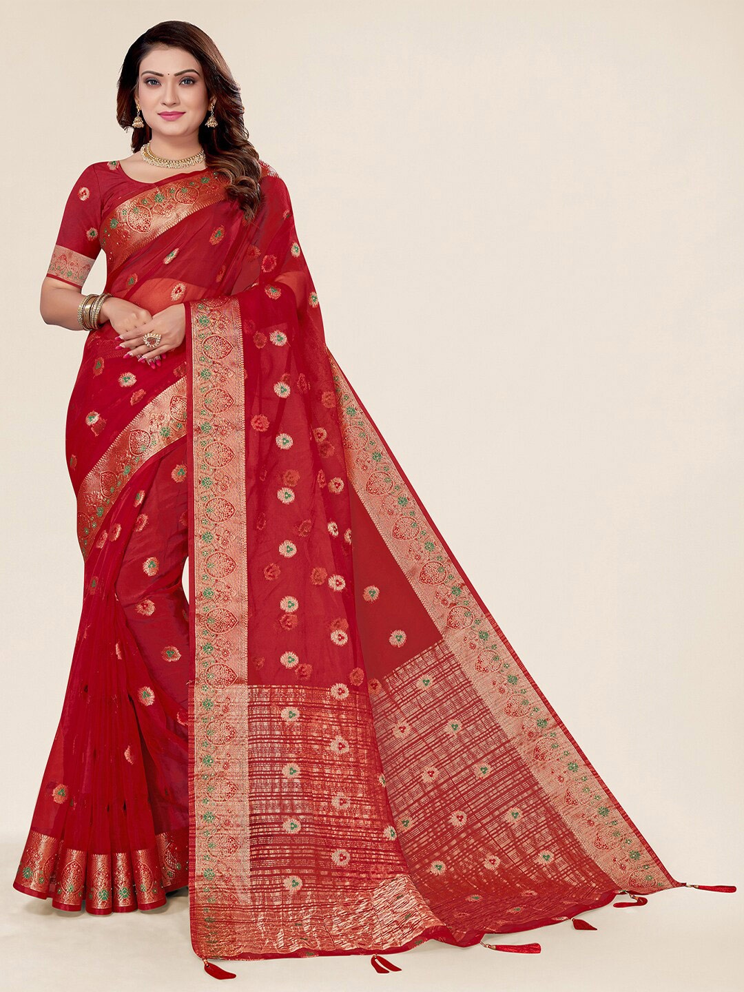 

SANGAM PRINTS Ethnic Motif Woven Design Zari Organza Saree, Red