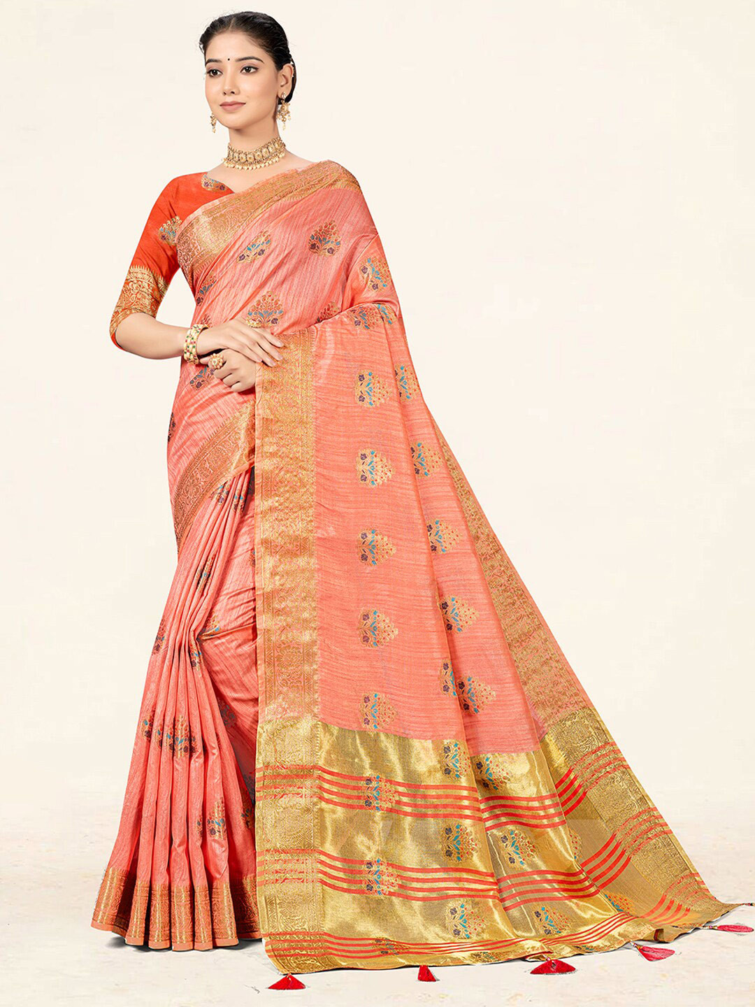 

SANGAM PRINTS Ethnic Motifs Woven Design Zari Saree, Pink