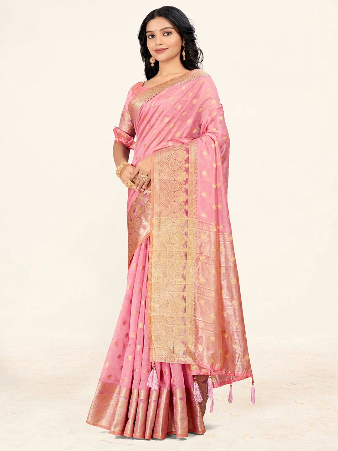 

SANGAM PRINTS Ethnic Woven Design Zari Organza Saree, Pink