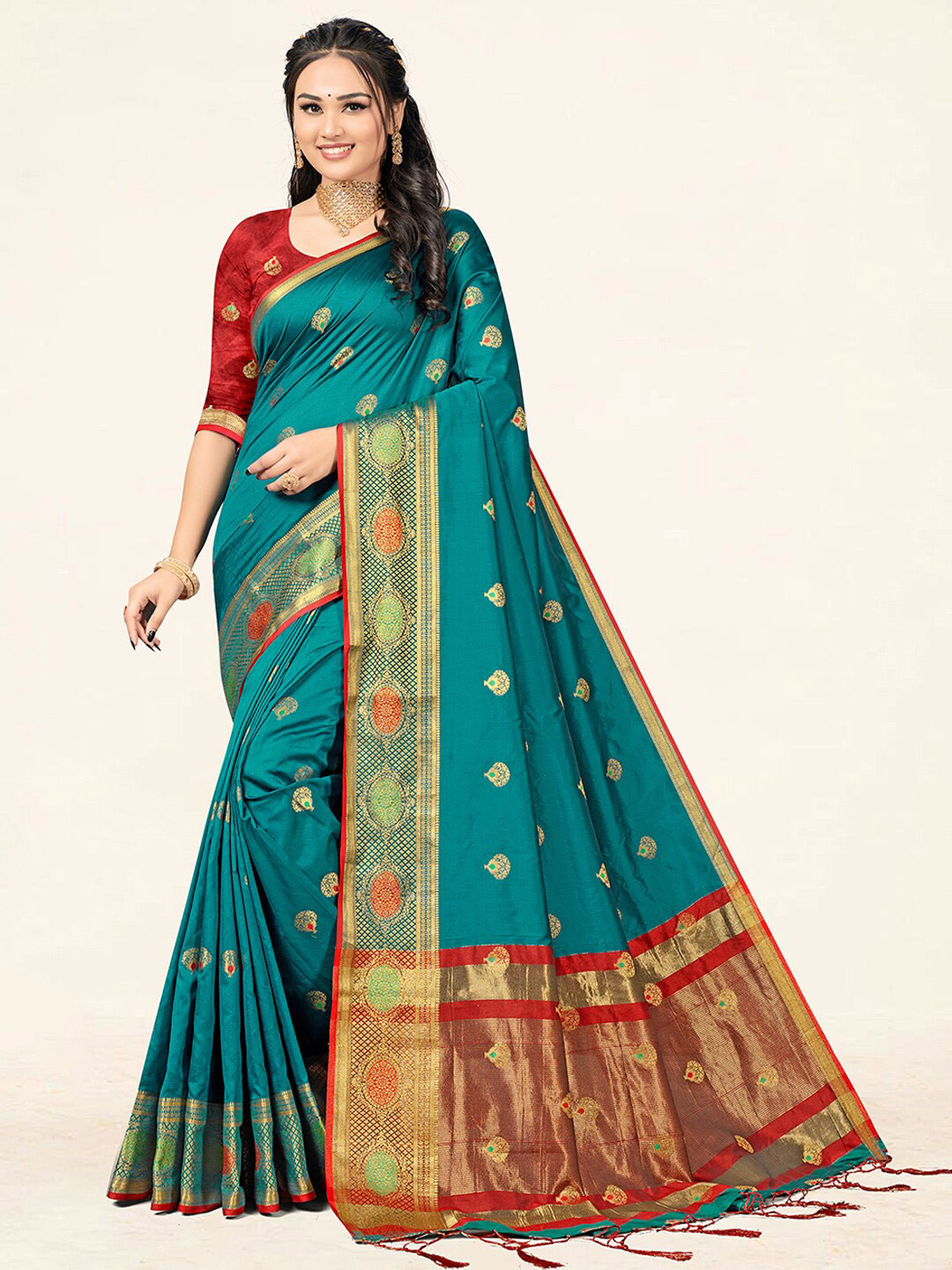 

SANGAM PRINTS Ethnic Woven Design Zari Saree, Sea green