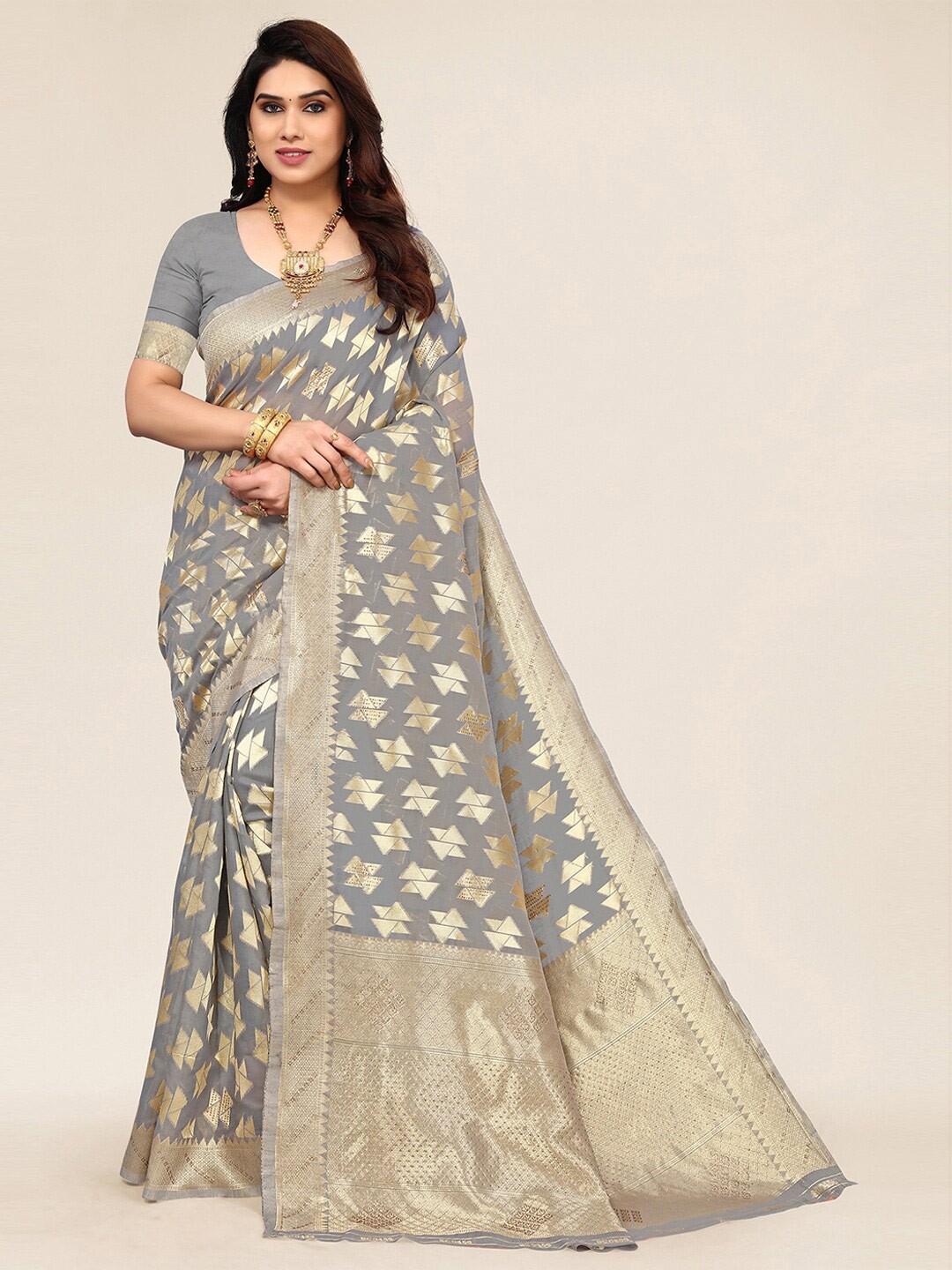 

SANGAM PRINTS Ethnic Woven Design Zari Saree, Grey