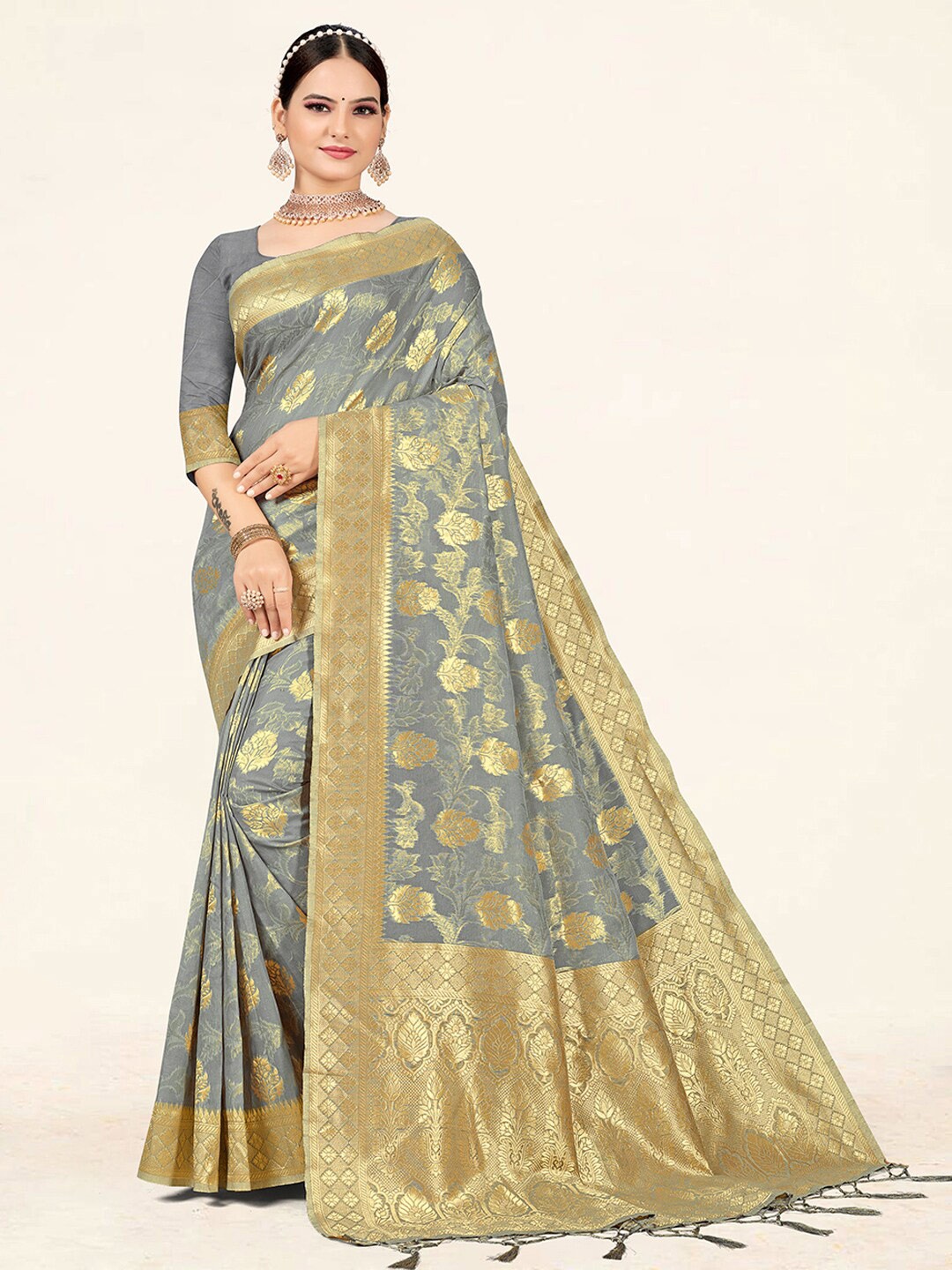 

SANGAM PRINTS Floral Woven Design Zari Saree, Grey