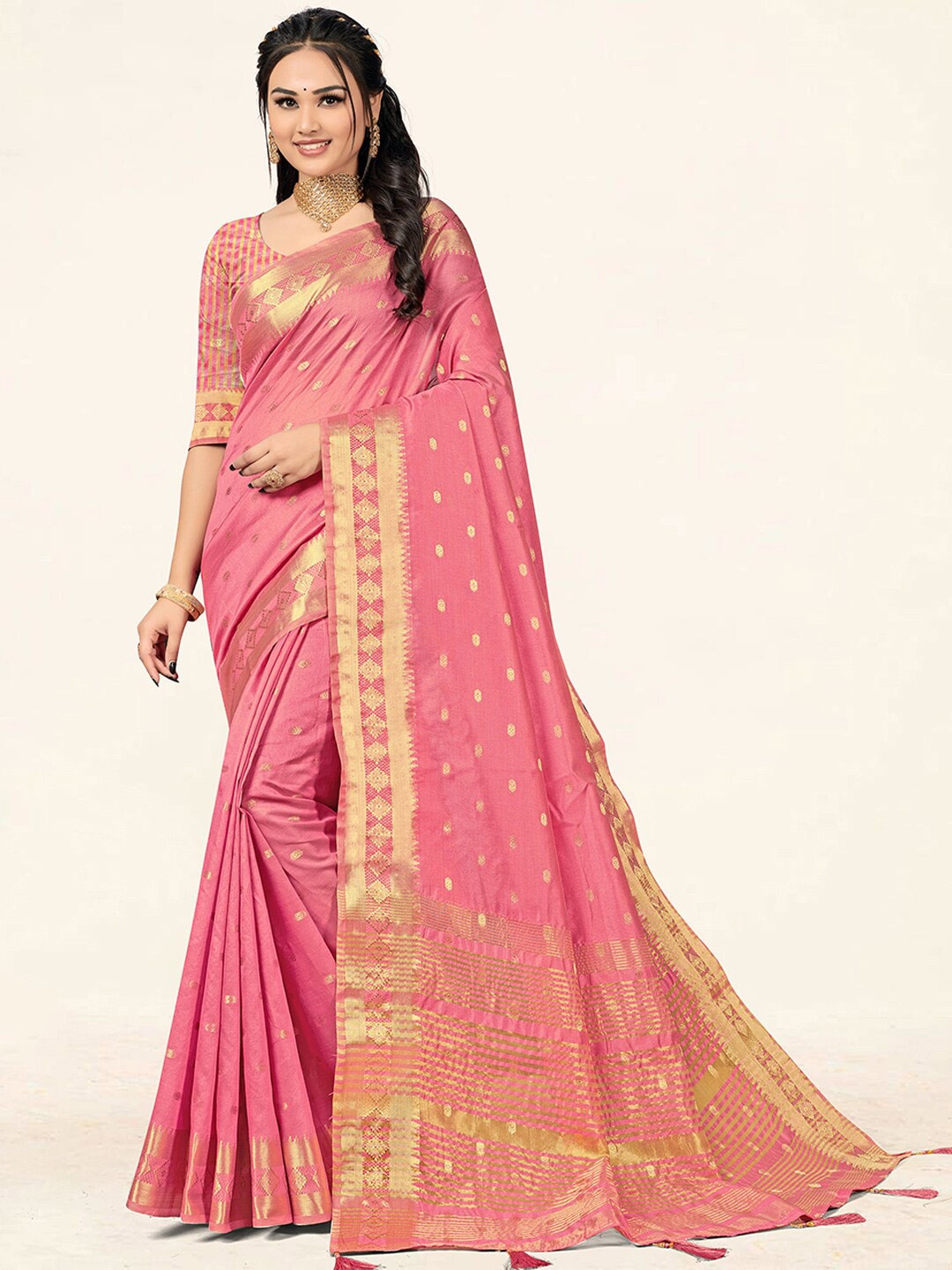 

SANGAM PRINTS Ethnic Woven Design Zari Saree, Pink