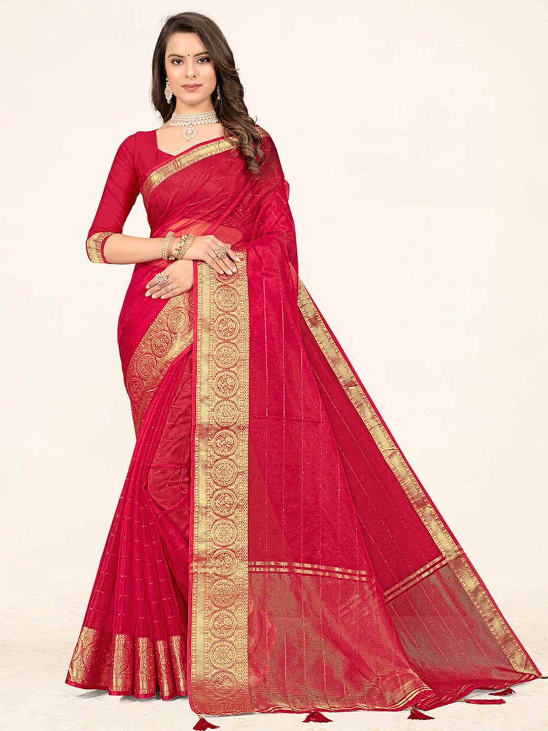 

SANGAM PRINTS Striped Zari Organza Saree, Pink