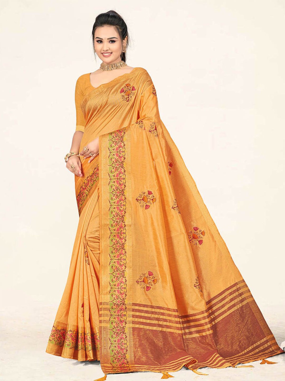 

SANGAM PRINTS Floral Woven Design Zari Saree, Mustard