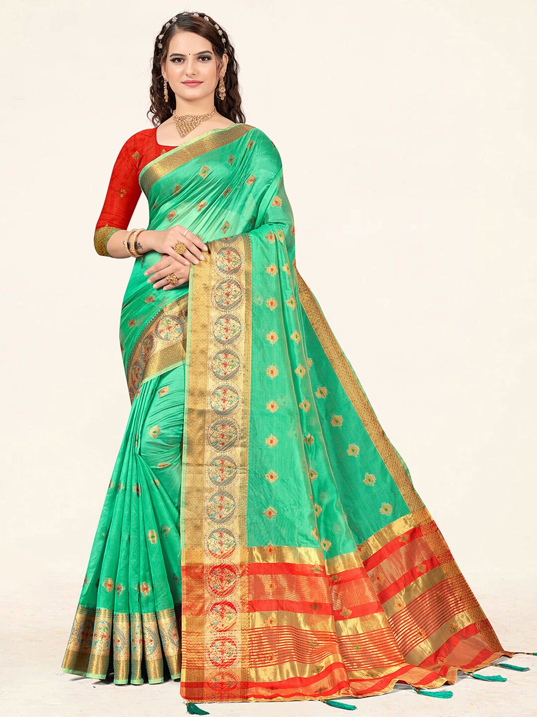 

SANGAM PRINTS Ethnic Woven Design Zari Organza Saree, Sea green