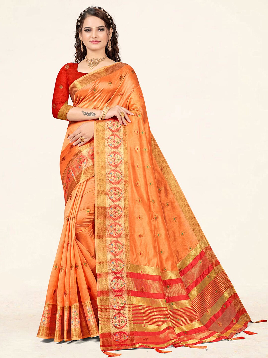 

SANGAM PRINTS Ethnic Woven Design Zari Organza Saree, Peach