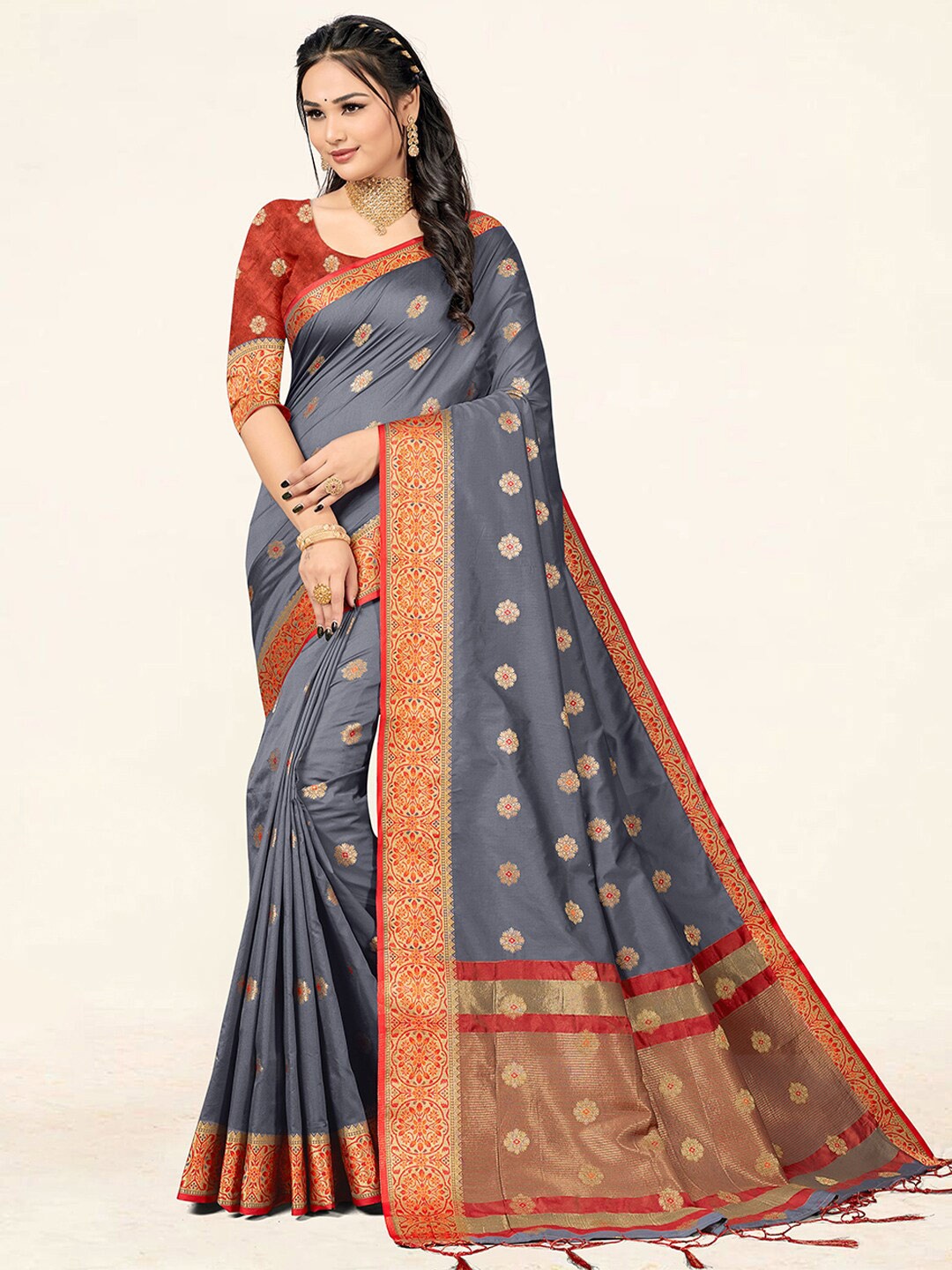 

SANGAM PRINTS Floral Woven Design Zari Saree, Grey