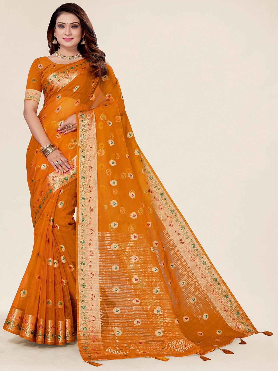 

SANGAM PRINTS Ethnic Woven Design Zari Organza Saree, Yellow