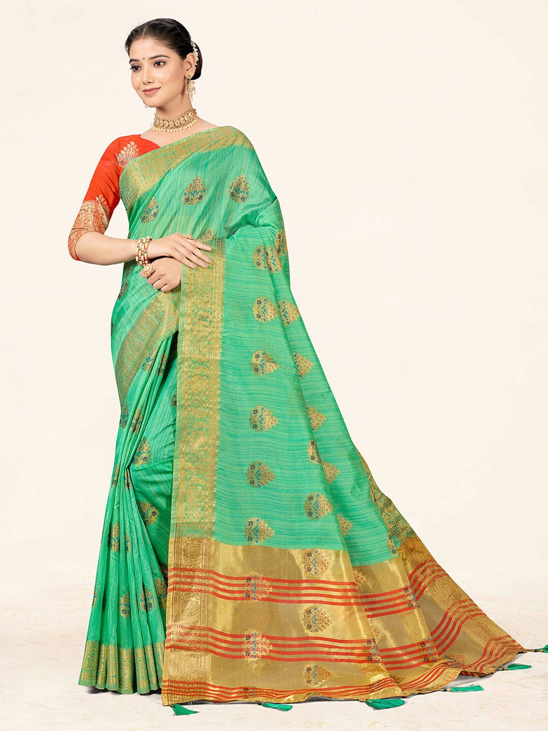 

SANGAM PRINTS Ethnic Woven Design Zari Saree, Sea green