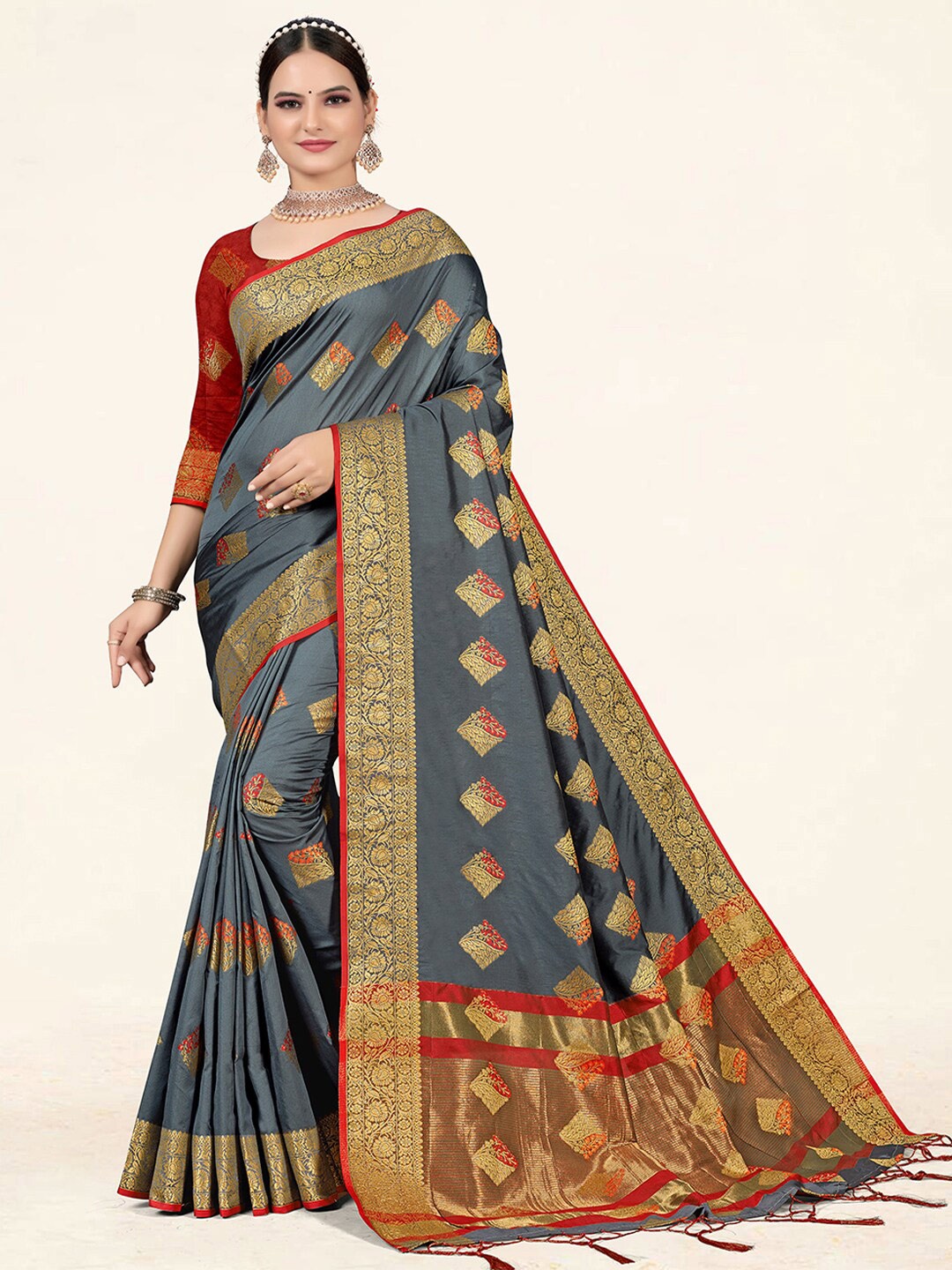 

SANGAM PRINTS Floral Woven Design Zari Saree, Grey