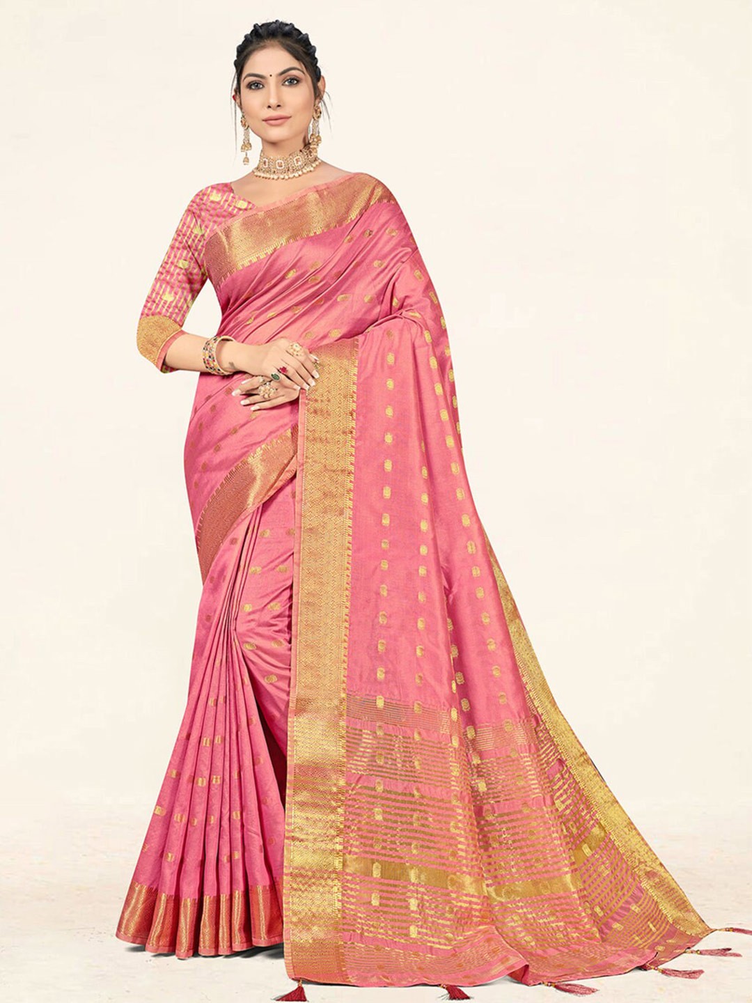 

SANGAM PRINTS Ethnic Woven Design Zari Saree, Pink