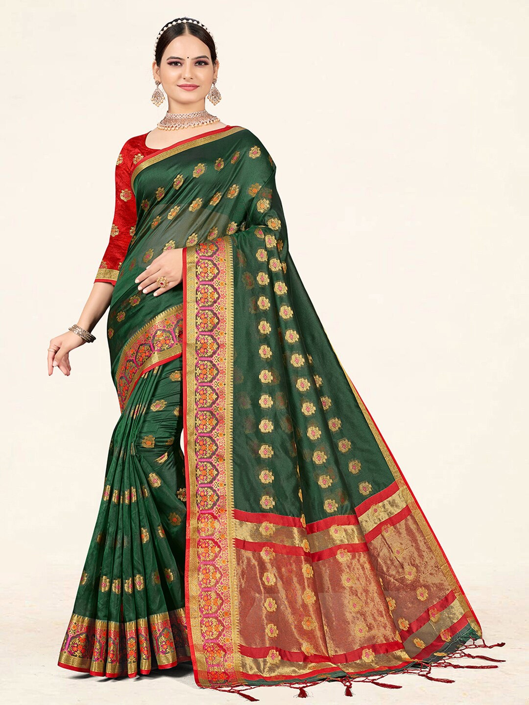 

SANGAM PRINTS Ethnic Woven Design Zari Organza Saree, Green