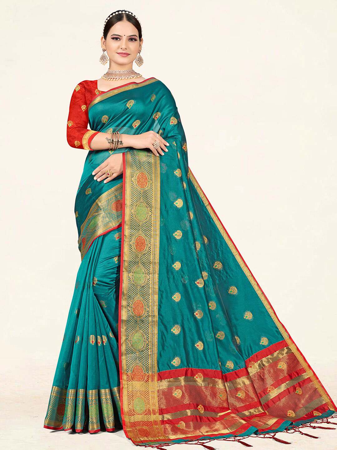 

SANGAM PRINTS Ethnic Woven Design Zari Organza Saree, Sea green