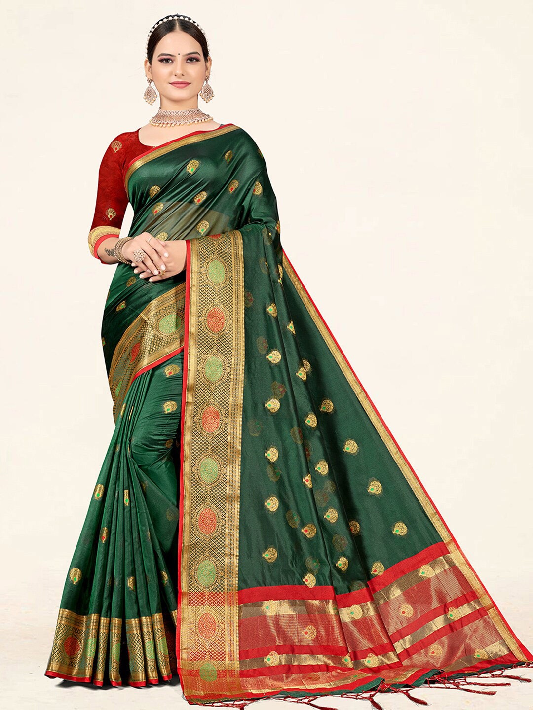 

SANGAM PRINTS Ethnic Woven Design Zari Organza Saree, Green
