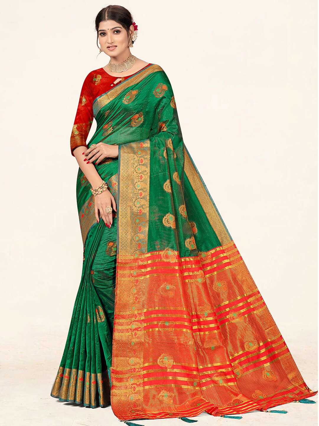 

SANGAM PRINTS Ethnic Woven Design Zari Organza Saree, Green