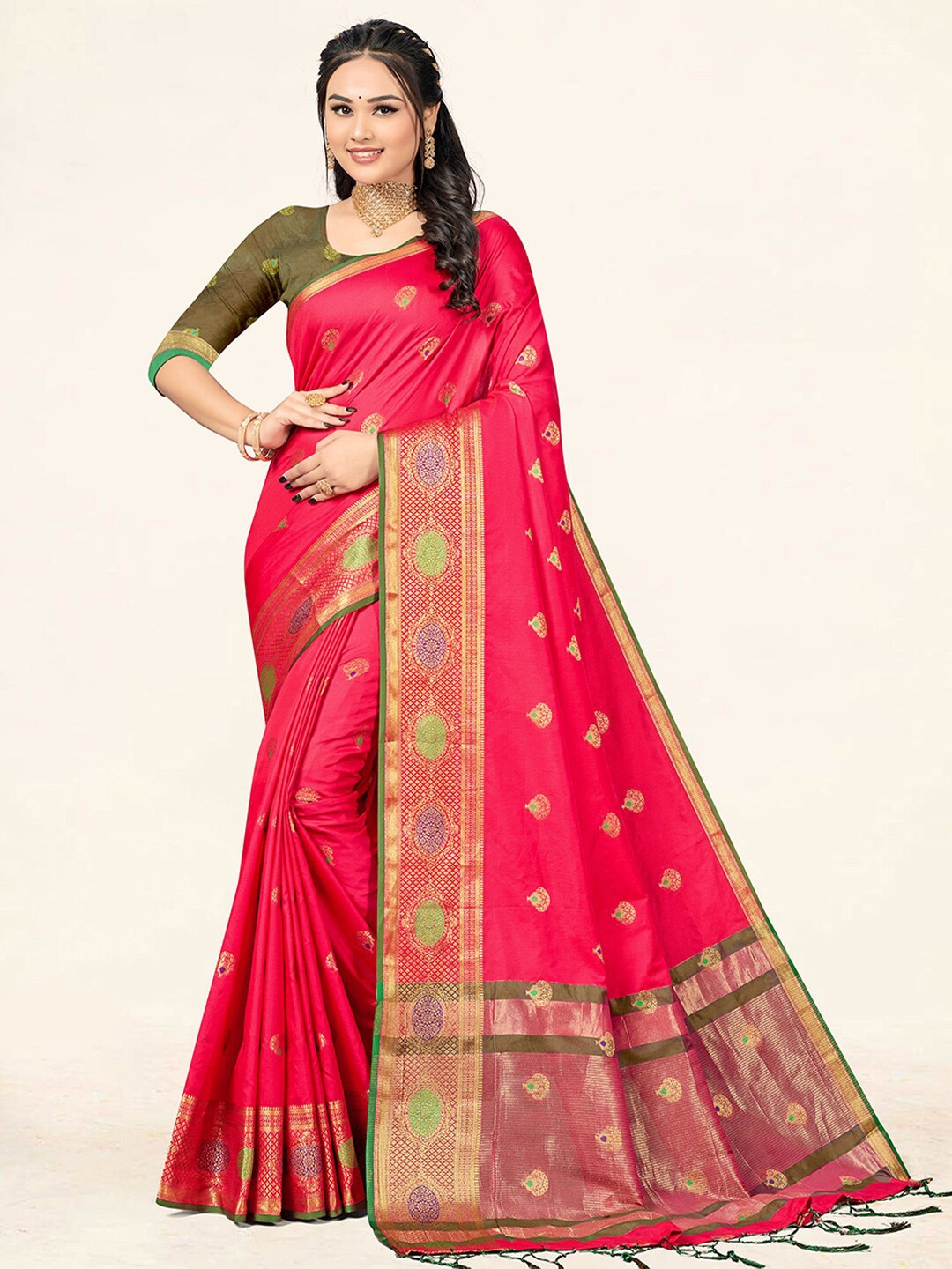 

SANGAM PRINTS Ethnic Woven Design Zari Saree, Pink