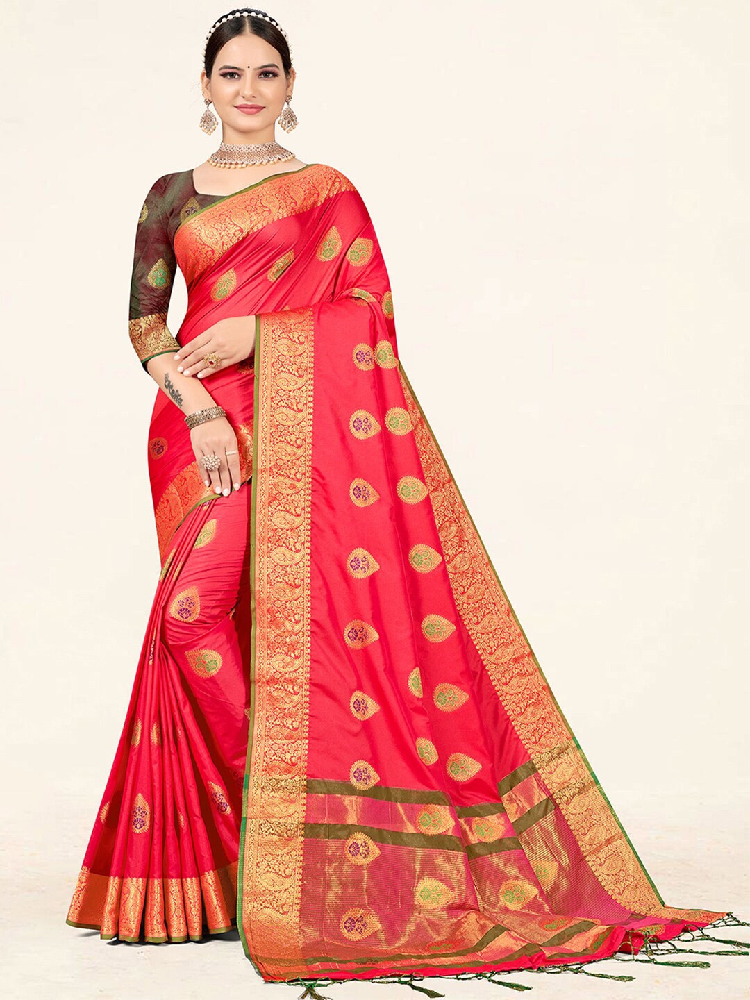 

SANGAM PRINTS Ethnic Woven Design Zari Saree, Pink