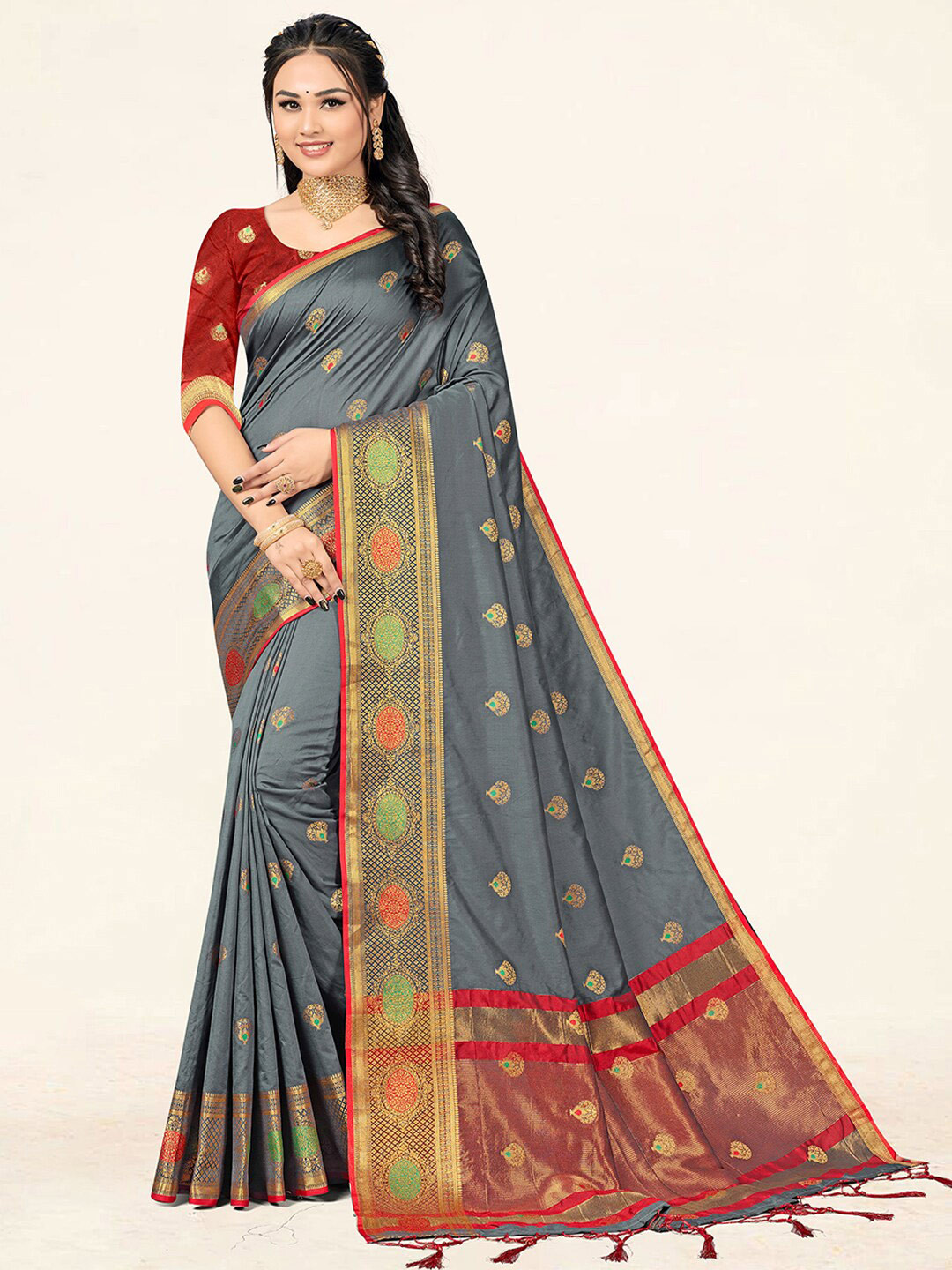 

SANGAM PRINTS Ethnic Woven Design Zari Saree, Grey