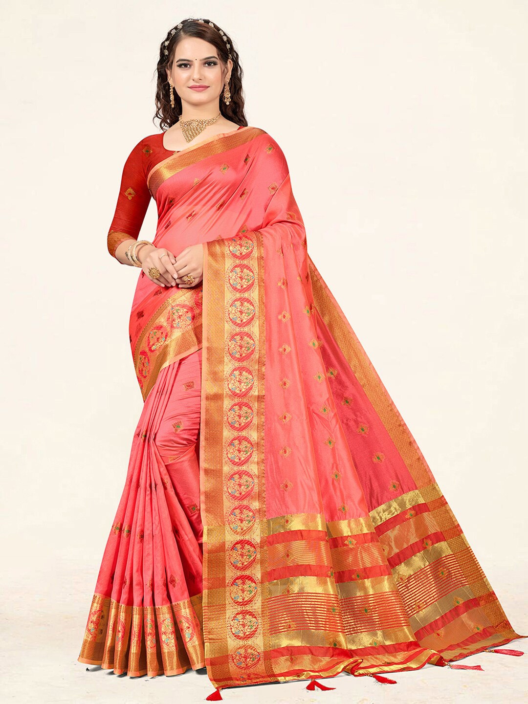 

SANGAM PRINTS Ethnic Woven Design Zari Organza Saree, Pink