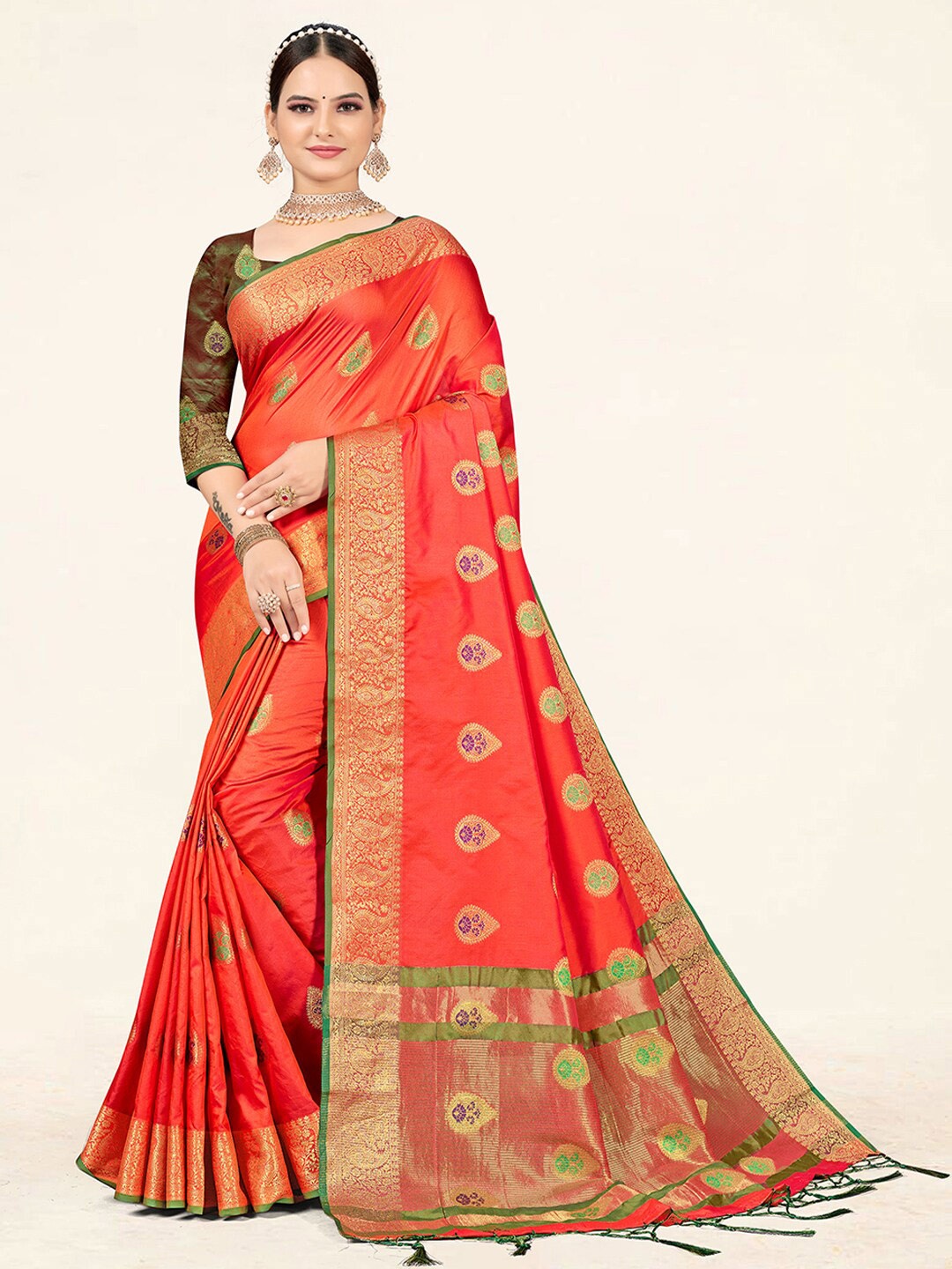 

SANGAM PRINTS Ethnic Woven Design Zari Saree, Peach