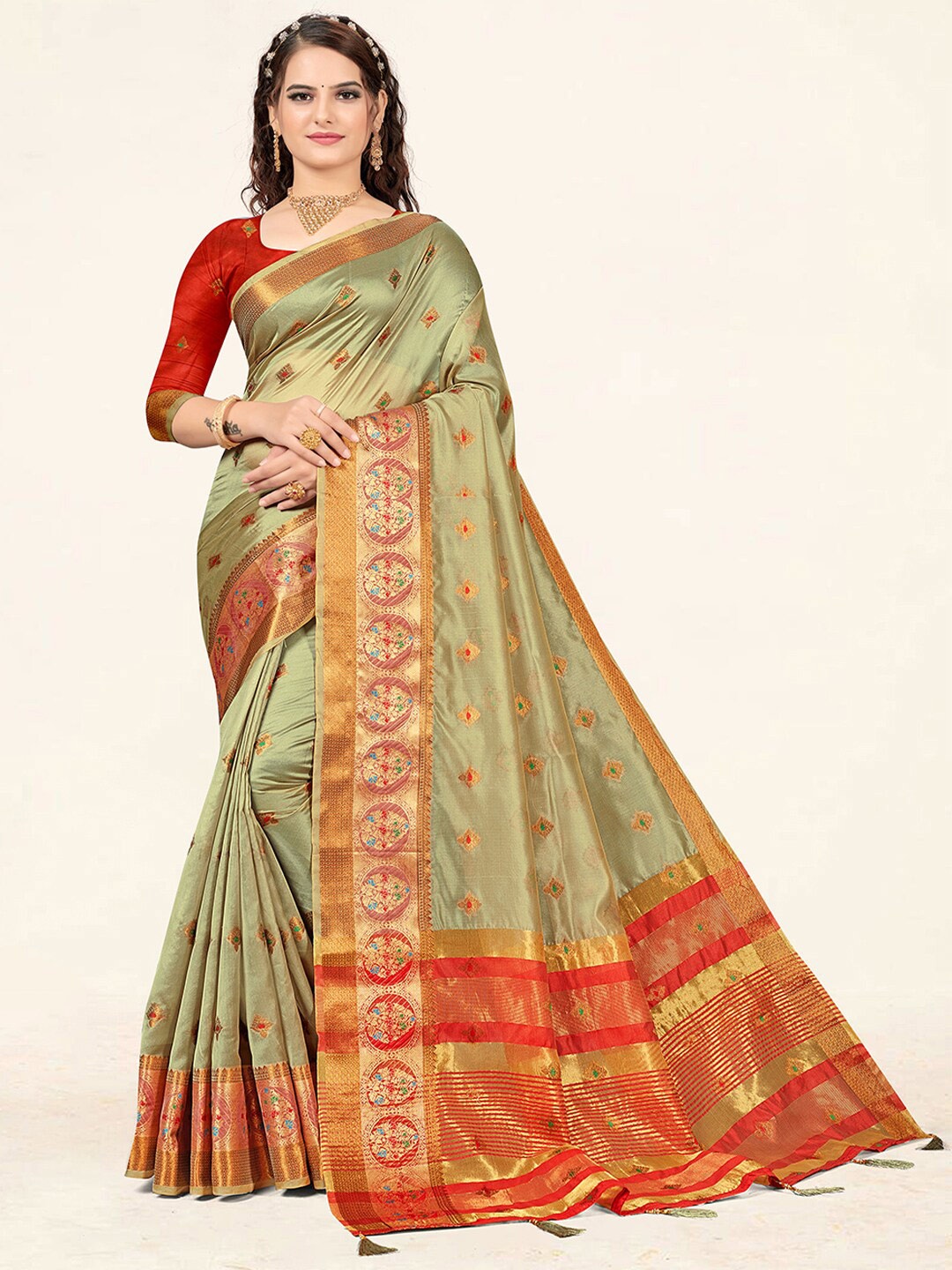 

SANGAM PRINTS Ethnic Woven Design Zari Organza Saree, Grey