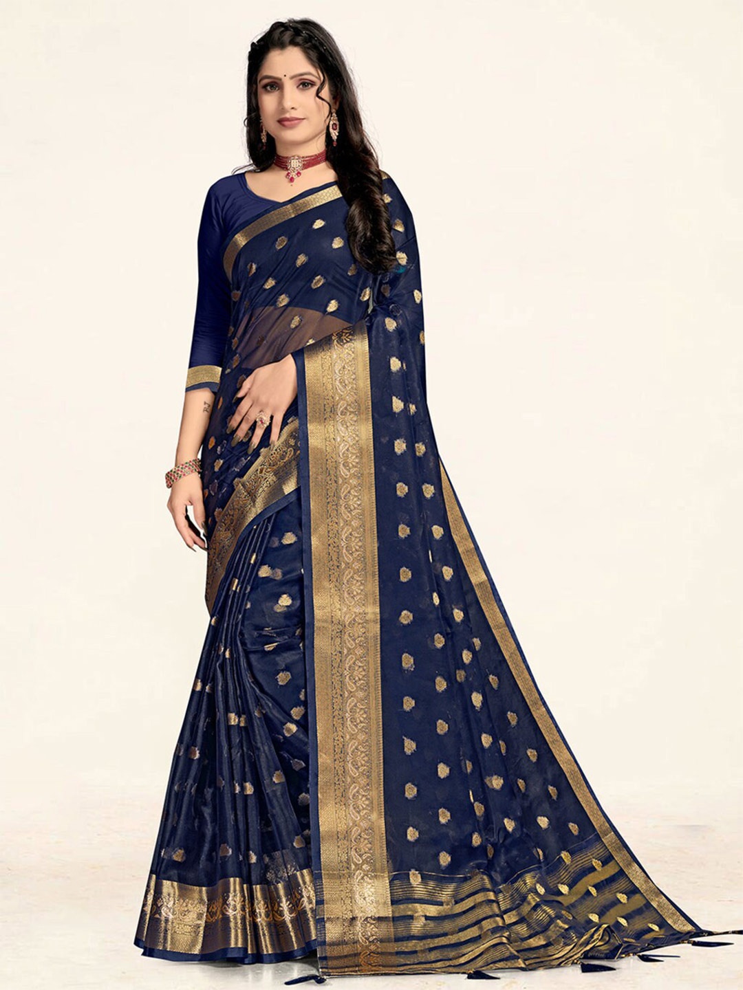 

SANGAM PRINTS Ethnic Woven Design Zari Organza Saree, Navy blue