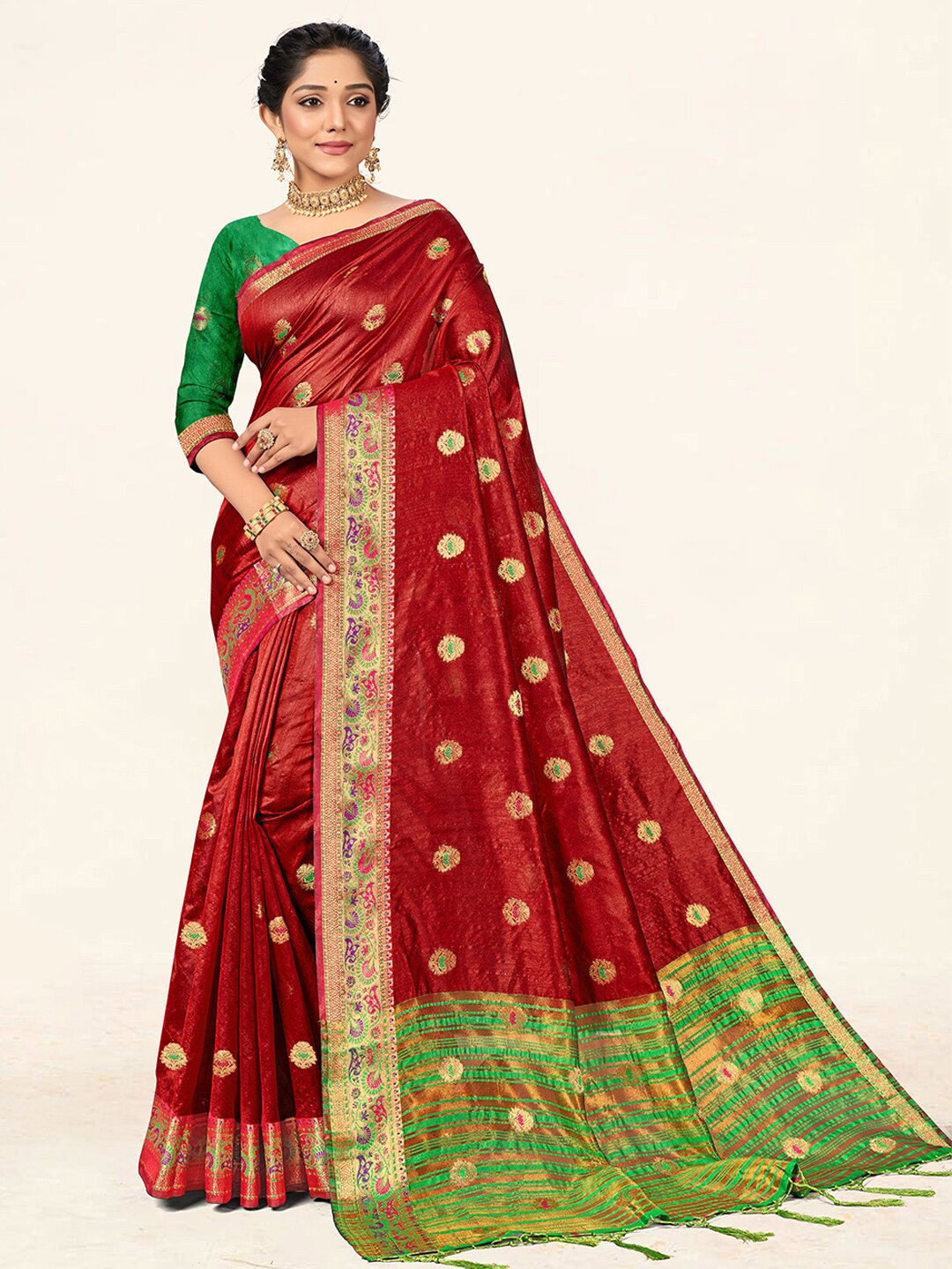 

SANGAM PRINTS Ethnic Woven Design Zari Organza Saree, Red
