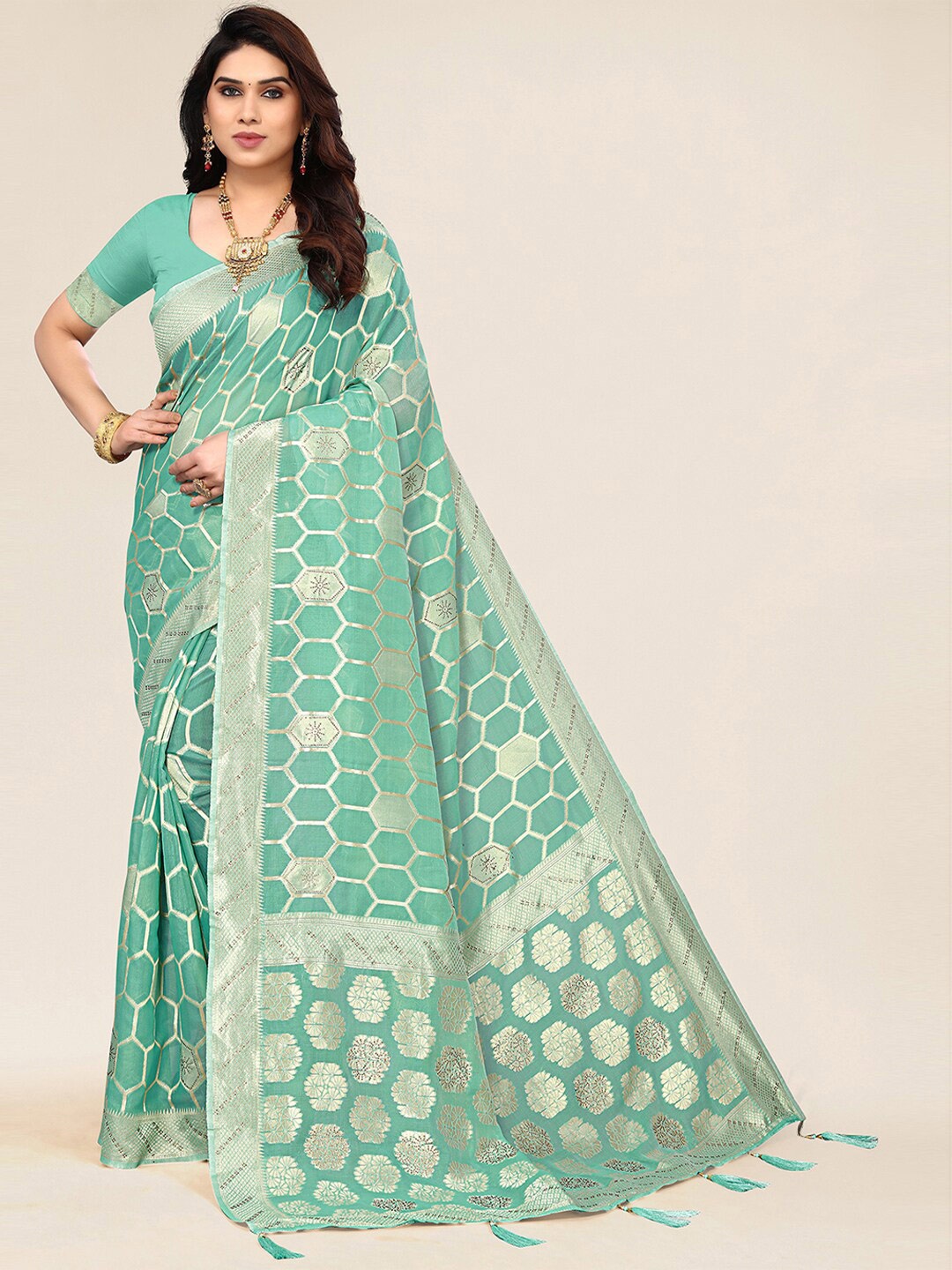 

SANGAM PRINTS Geometric Woven Design Zari Saree, Sea green